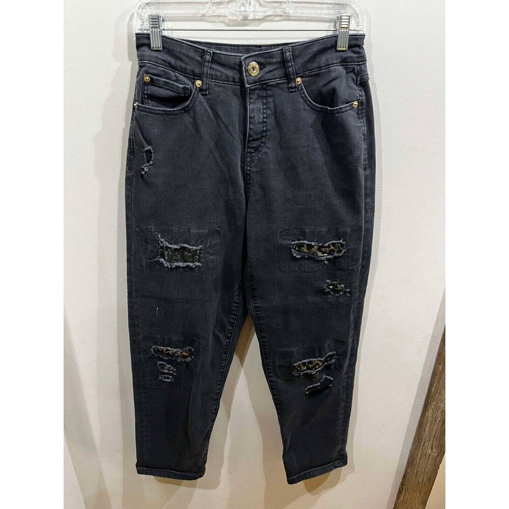 INC Jeans Women's Size 6/28 Boyfriend Black Distressed Gold Design Punk Skate